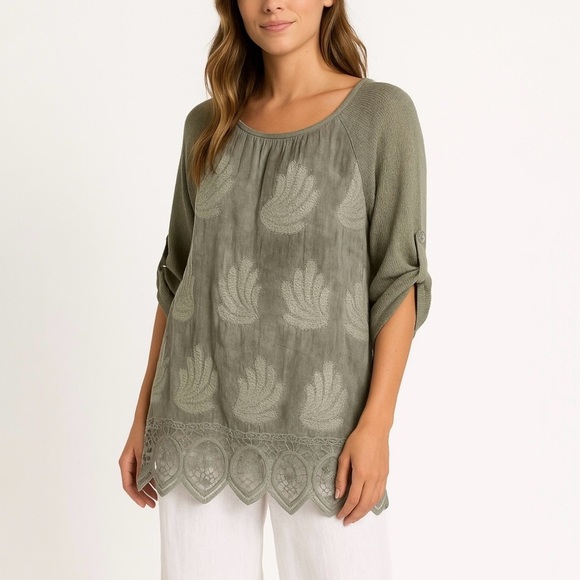 Belle France Boho Lagenlook Sage Embellished Lace Tunic Knit Chiffon Top Size L - Picture 1 of 10